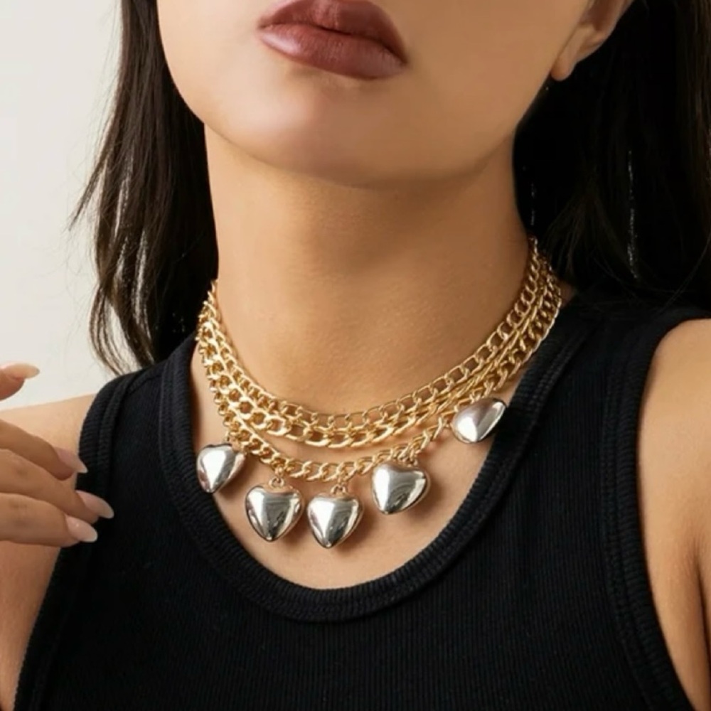 (NWT) UO • Gold/Silver Two-Toned Puffed Heart Pendant Chain Link Choker Necklace - Picture 2 of 9